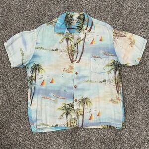 Vintage 50s Iolani Sportswear Hawaii Aloha Shirt Blue Coconut Button Sailboat XL